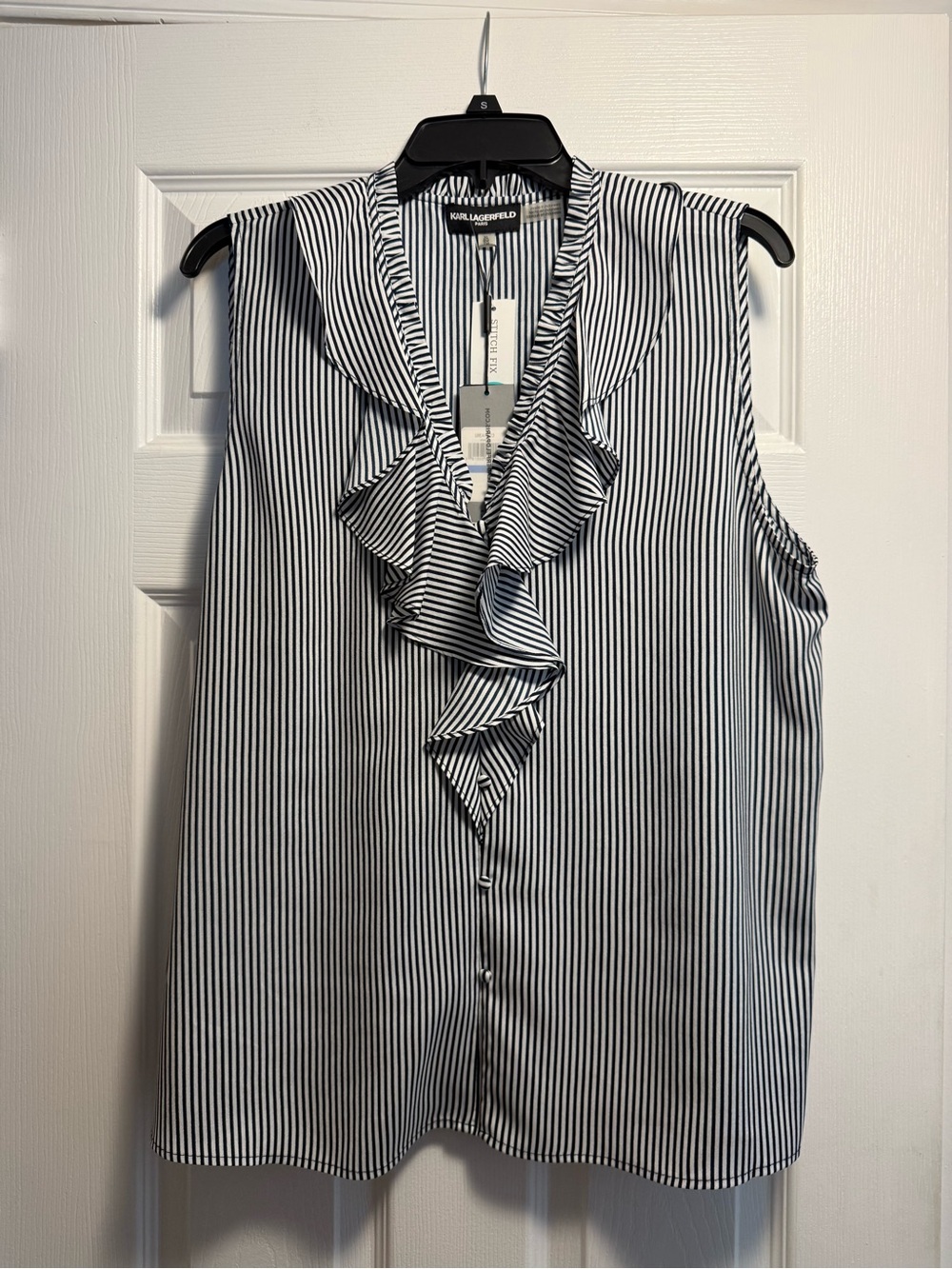 Karl Lagerfeld Black and White Vertical Stripe Ruffle V-Neck Sleeveless Blouse